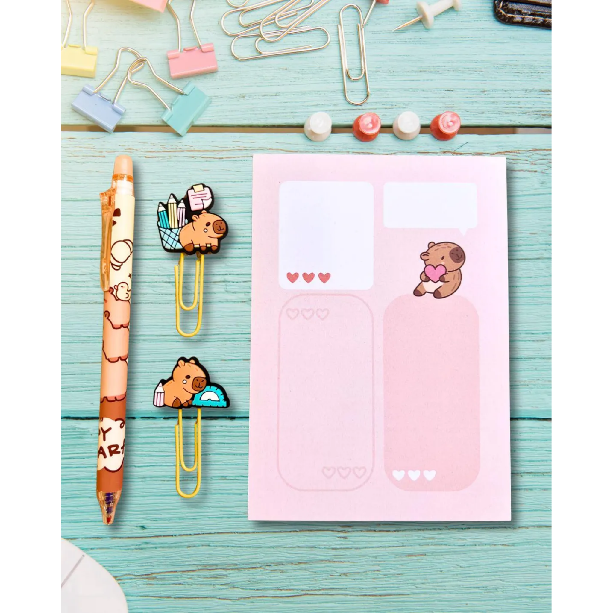 Capybara Stationery Set – Kawaii Notepad, Pen & Clips